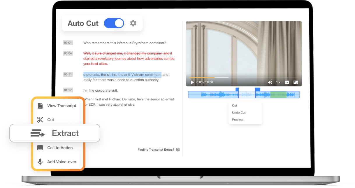 Precise cuts with transcript and waveform